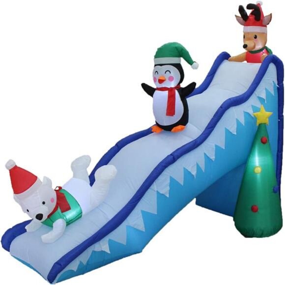 Latitude Run® 6ft Christmas Polar Bear Penguin & Xmas Tree  9 Foot Long Christmas Inflatable Penguin Reindeer Polar Bear Christmas Tree